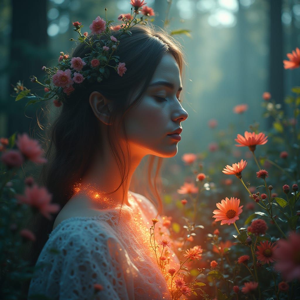 Ethereal Woman in a Lush, Glowing Forest