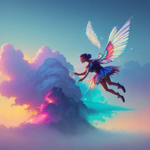 Ethereal Fantasy: Flying Girls in Glowing Cityscape
