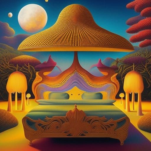 Surreal Sun and Moon Bed with Mushroom, Ornate Art