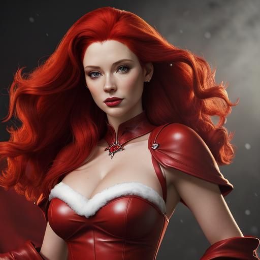 Young Woman in Red Gown: Hyperrealistic Christmas Portrait