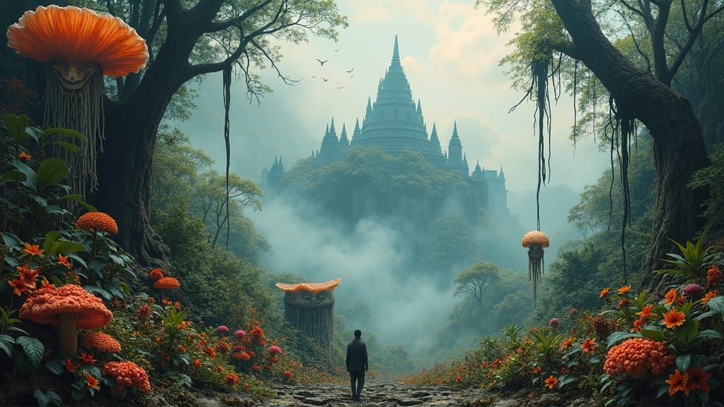 Enchanted Jungle Ruins with Phantasmagorical Fungi