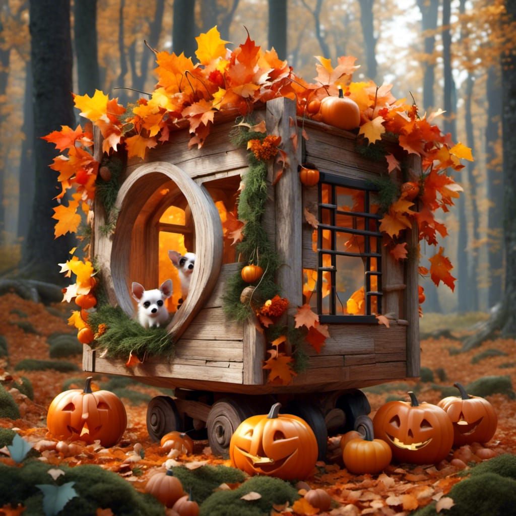 Halloween Scene with Wooden Block, Ghosts and Pumpkins