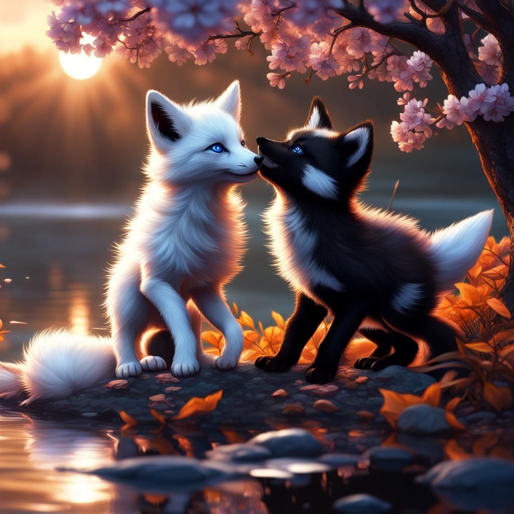 Fox Pups Battle Under Blossom Tree: Fantasy Art