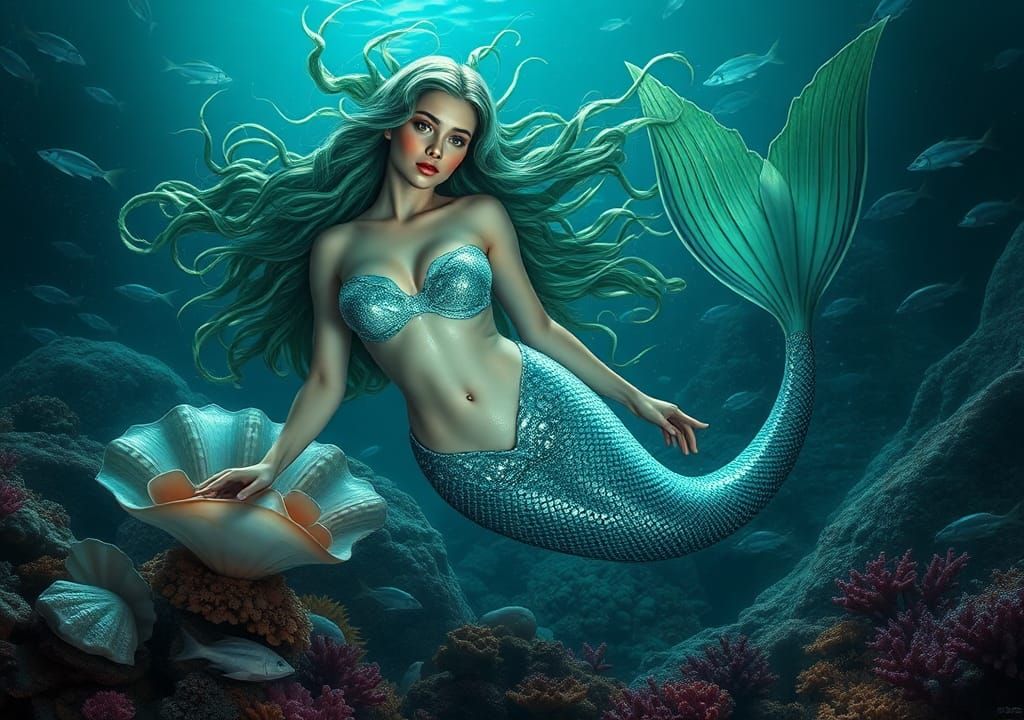 Majestic Mermaid Above Coral Reef in Hyperrealistic Style