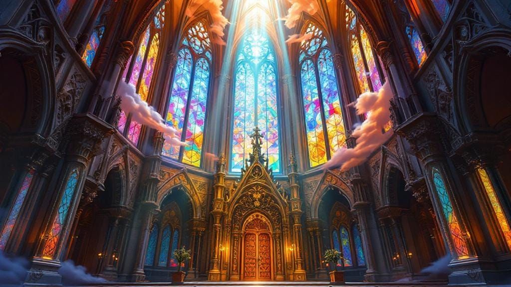 Gothic Cathedral with Radiant Light Beam