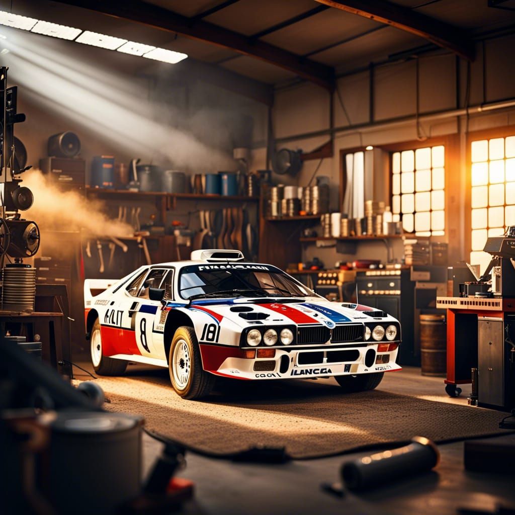 Lancia 037 Rally Car in Workshop: Golden Hour Photography