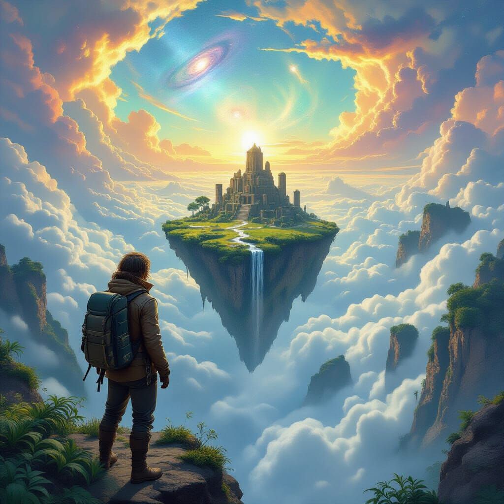 Explorer on Floating Island Above Cloud Ocean
