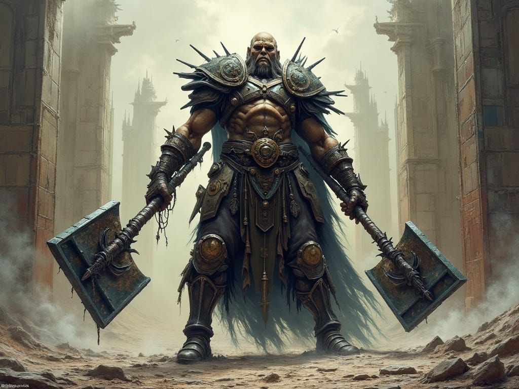 Half-Giant Cleric in Desolate Landscape
