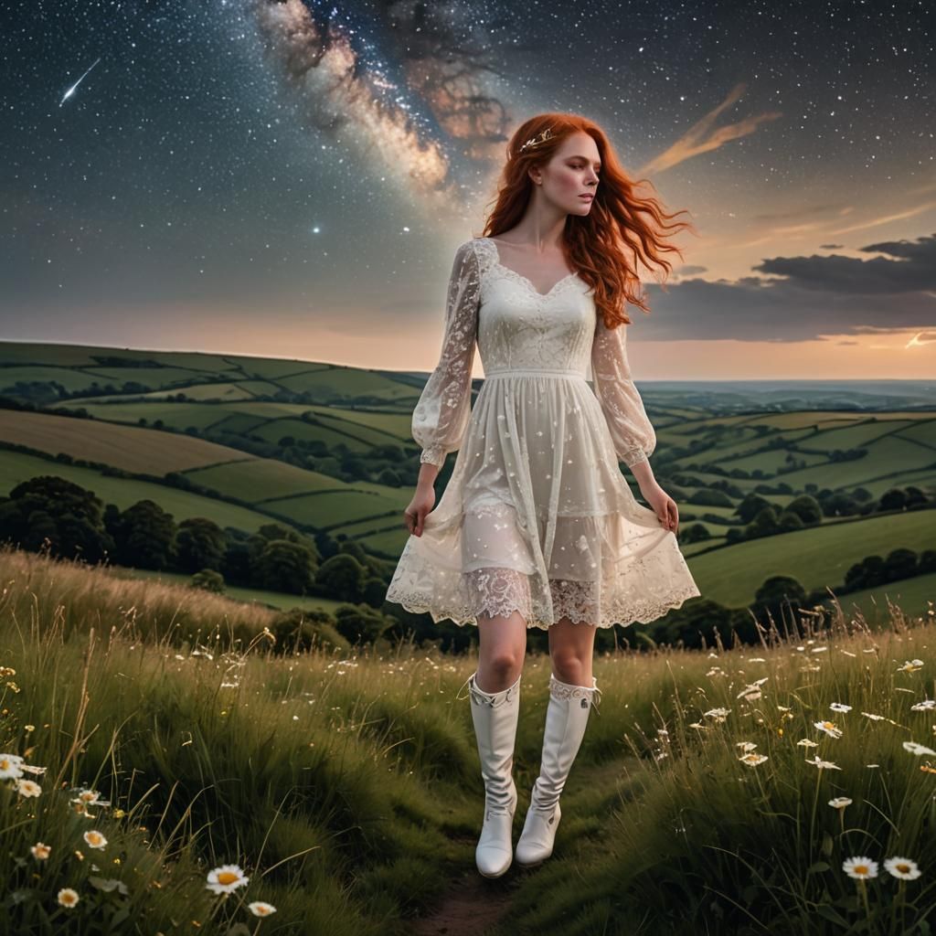 Redhead Stargazer in Yorkshire Wolds, Surrealist Landscape