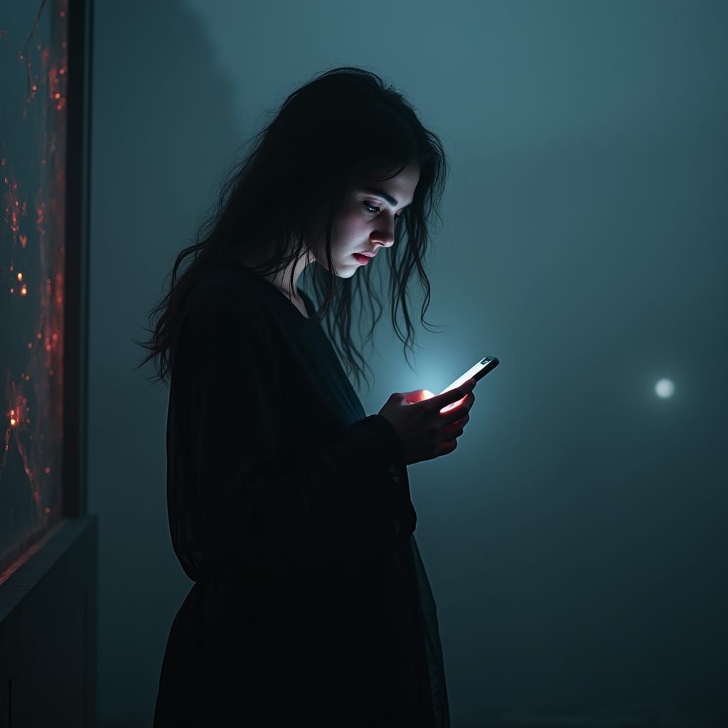 Young Woman in Despair, Lost in Phone's Glow
