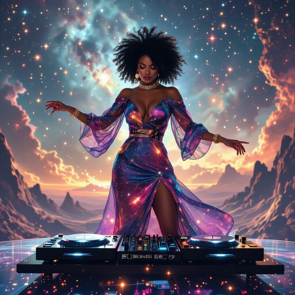 Afrofuturist DJ on Crystal Stage Amidst Nebulae