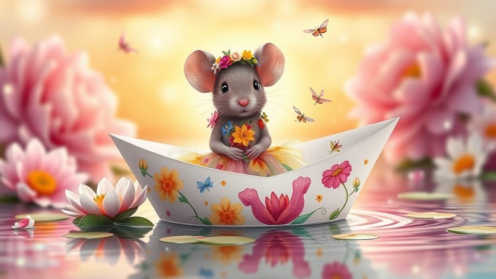 Magical Mouse in Whimsical Floral Boat