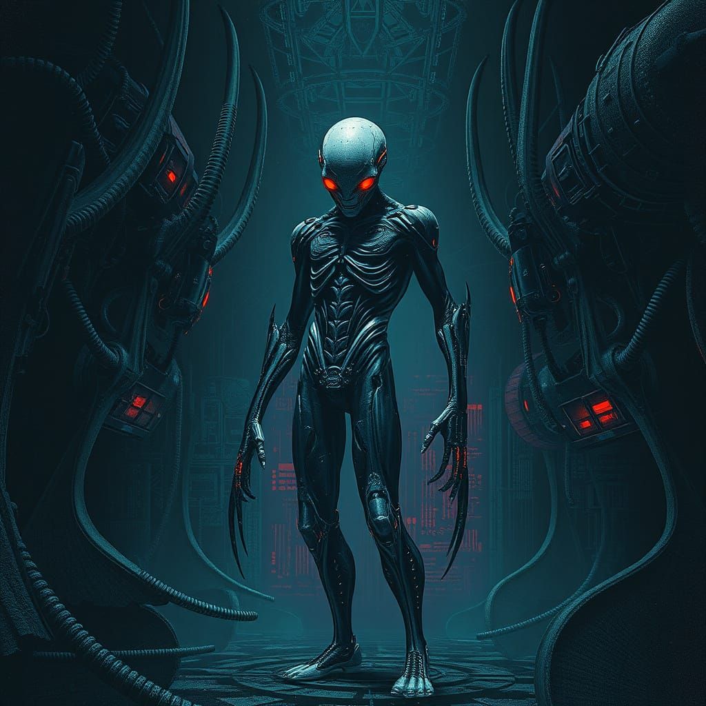 Futuristic Biomechanical Figure in Pointillist Cyberpunk Sty...