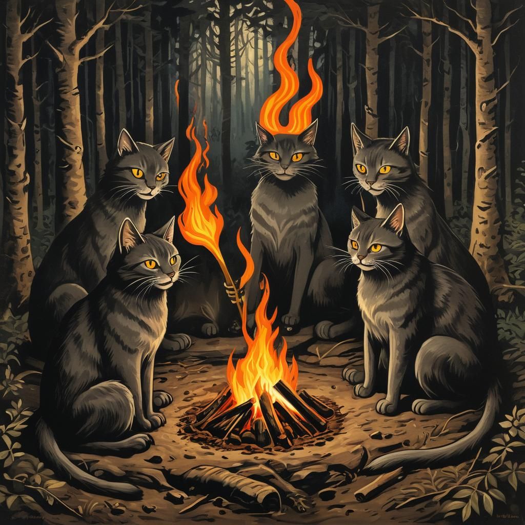 Evil Cats' Secret Ritual: Gouache Ink Print