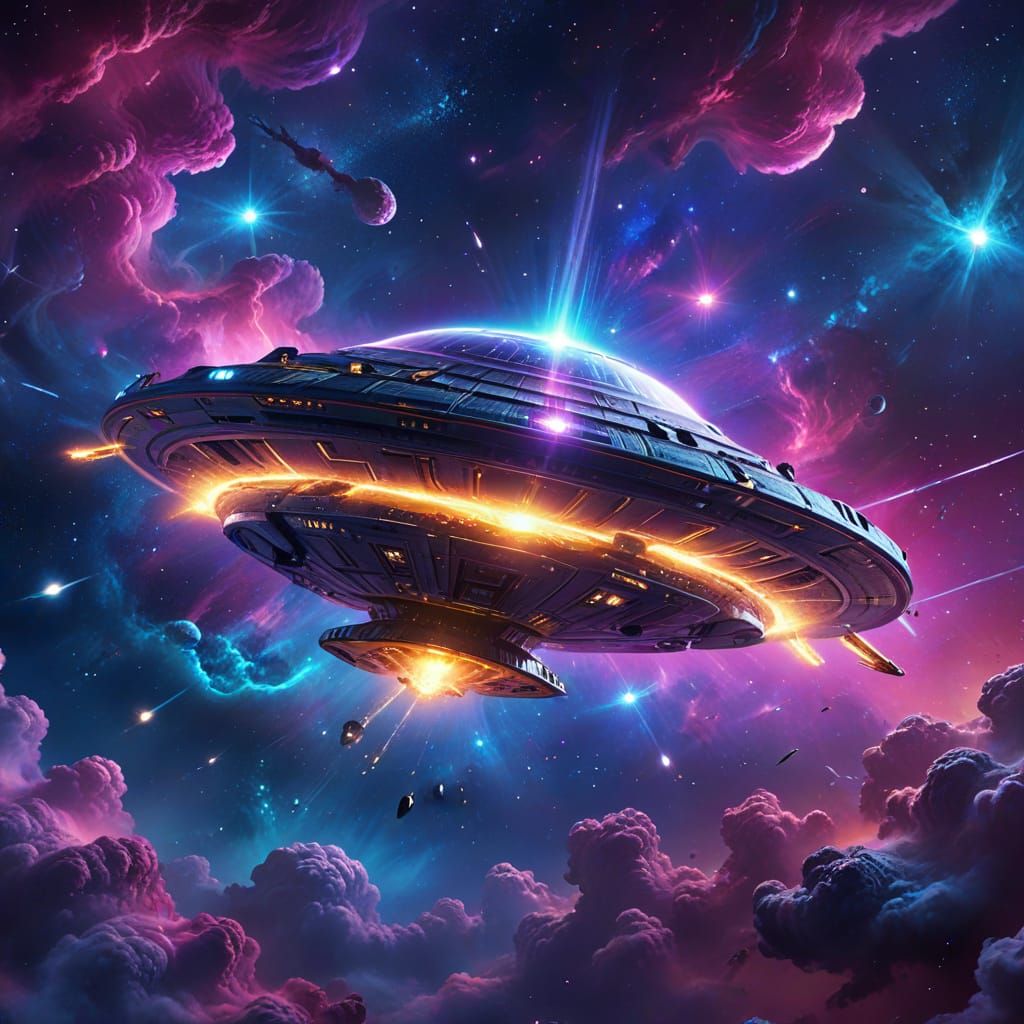 UFO in Galaxy with Purple and Blue Nebula