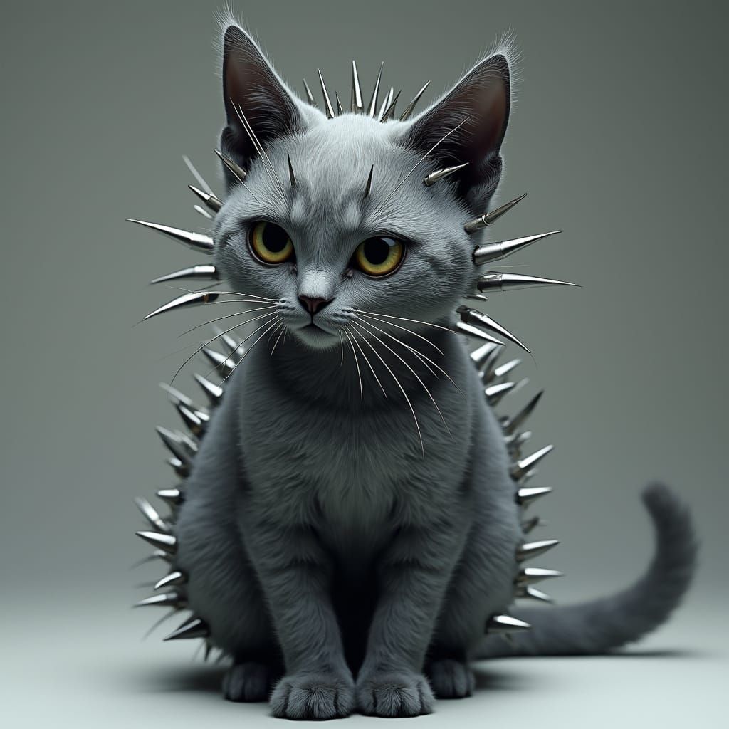 Cyberpunk Tabby Cat with Metallic Spikes