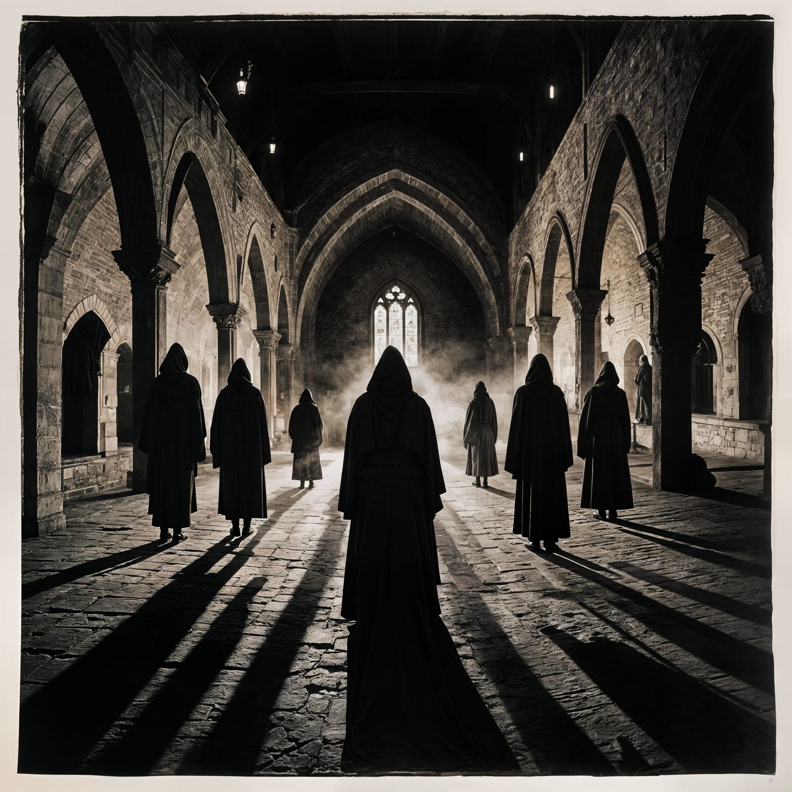 Mysterious Figures in a Dimly Lit Church