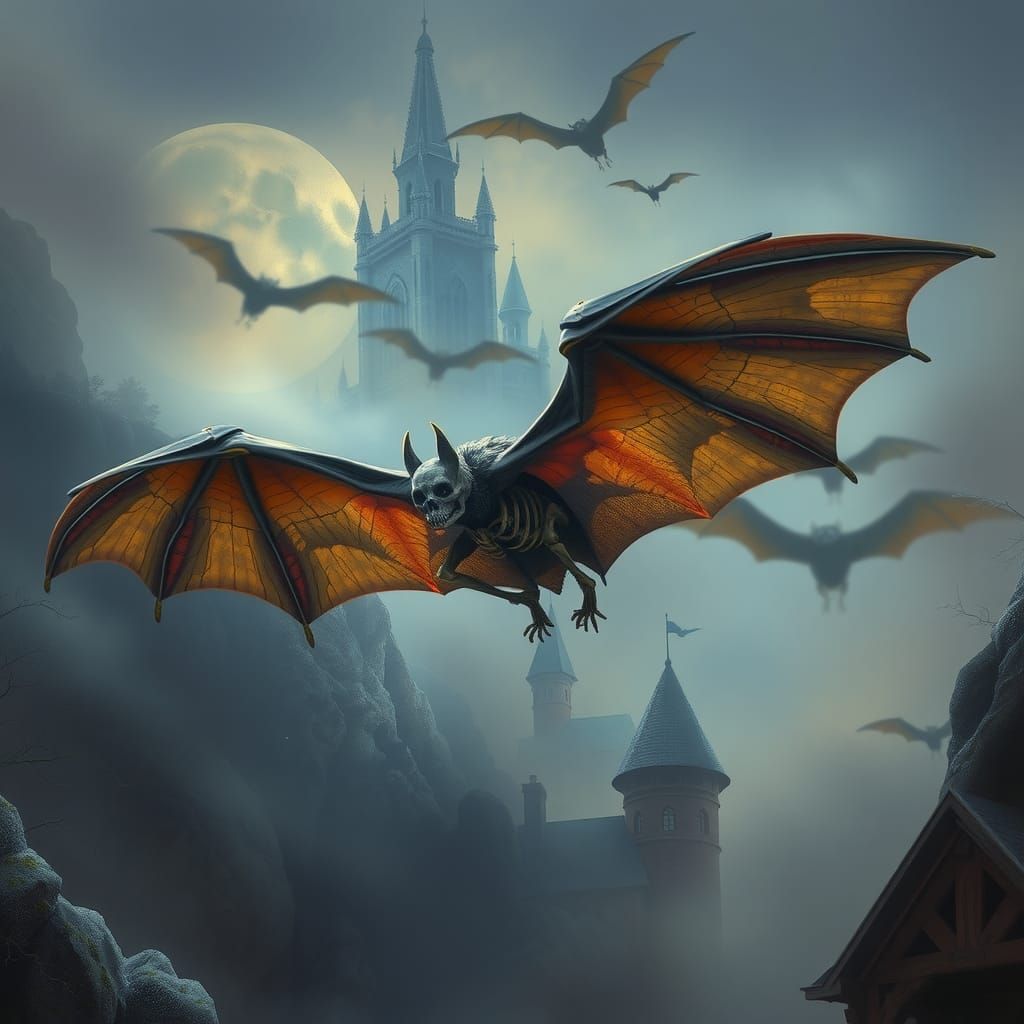 Ethereal Bat Skeleton Flight in Fantasy Mist