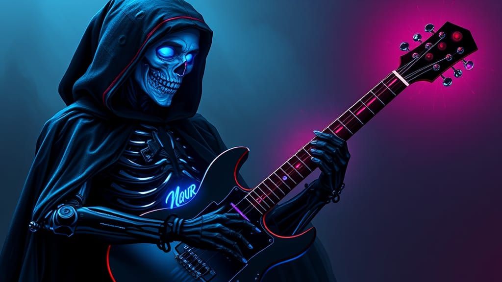 Cyberpunk Grim Reaper Shreds on Cybernetic Guitar