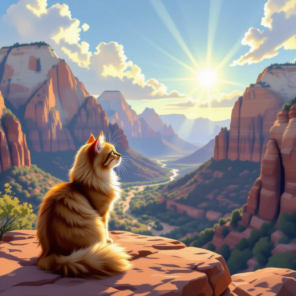 Fluffy Cat Contemplates Zion National Park Scenery