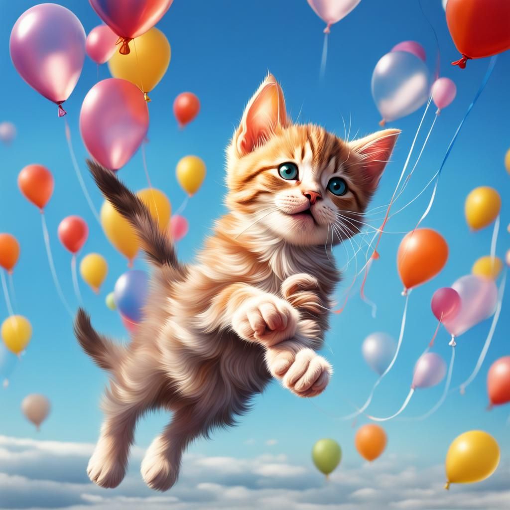 Kitten's Balloon Flight: Hyperrealistic Concept Art