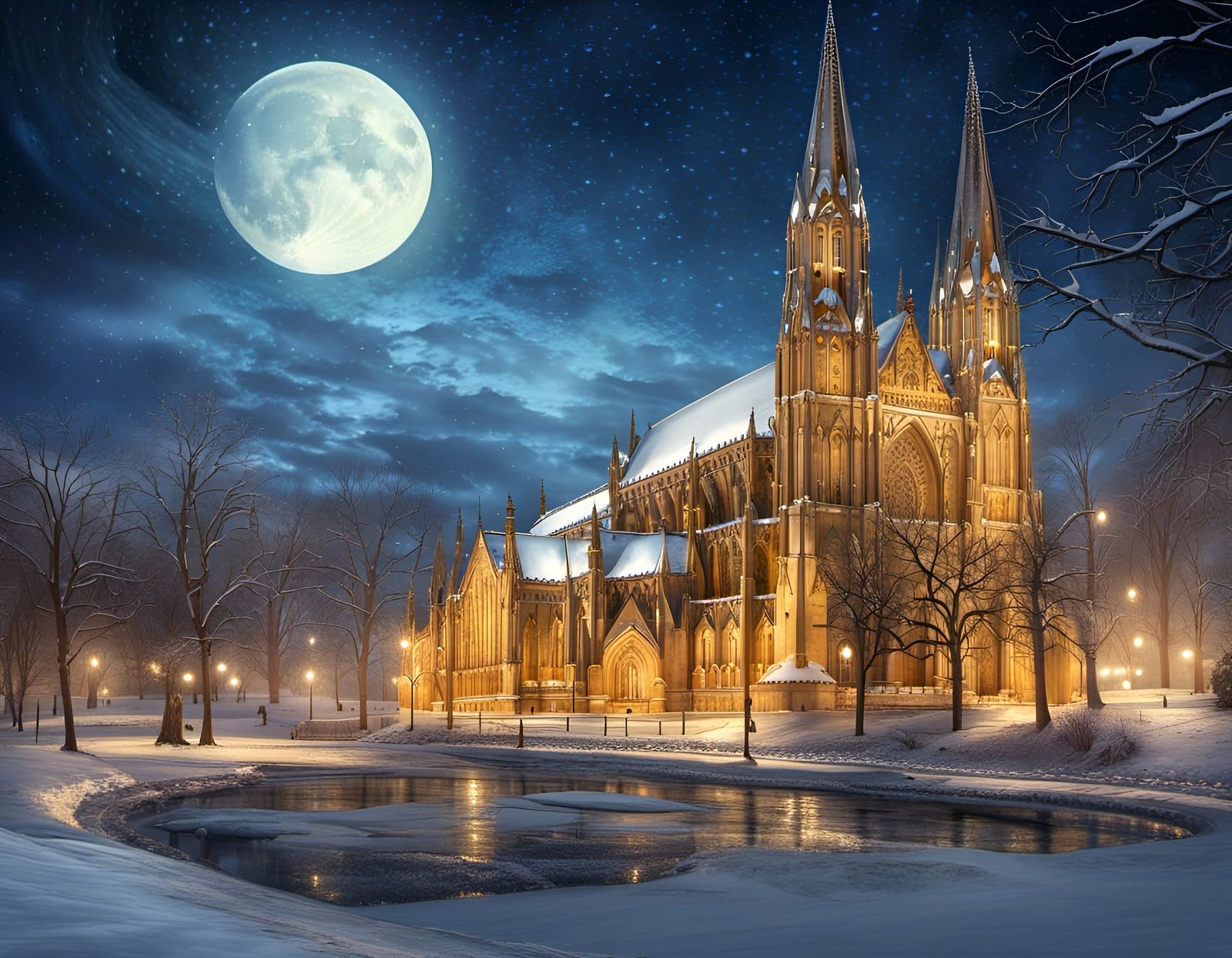 Snowy Gothic Cathedral Under Crescent Moon