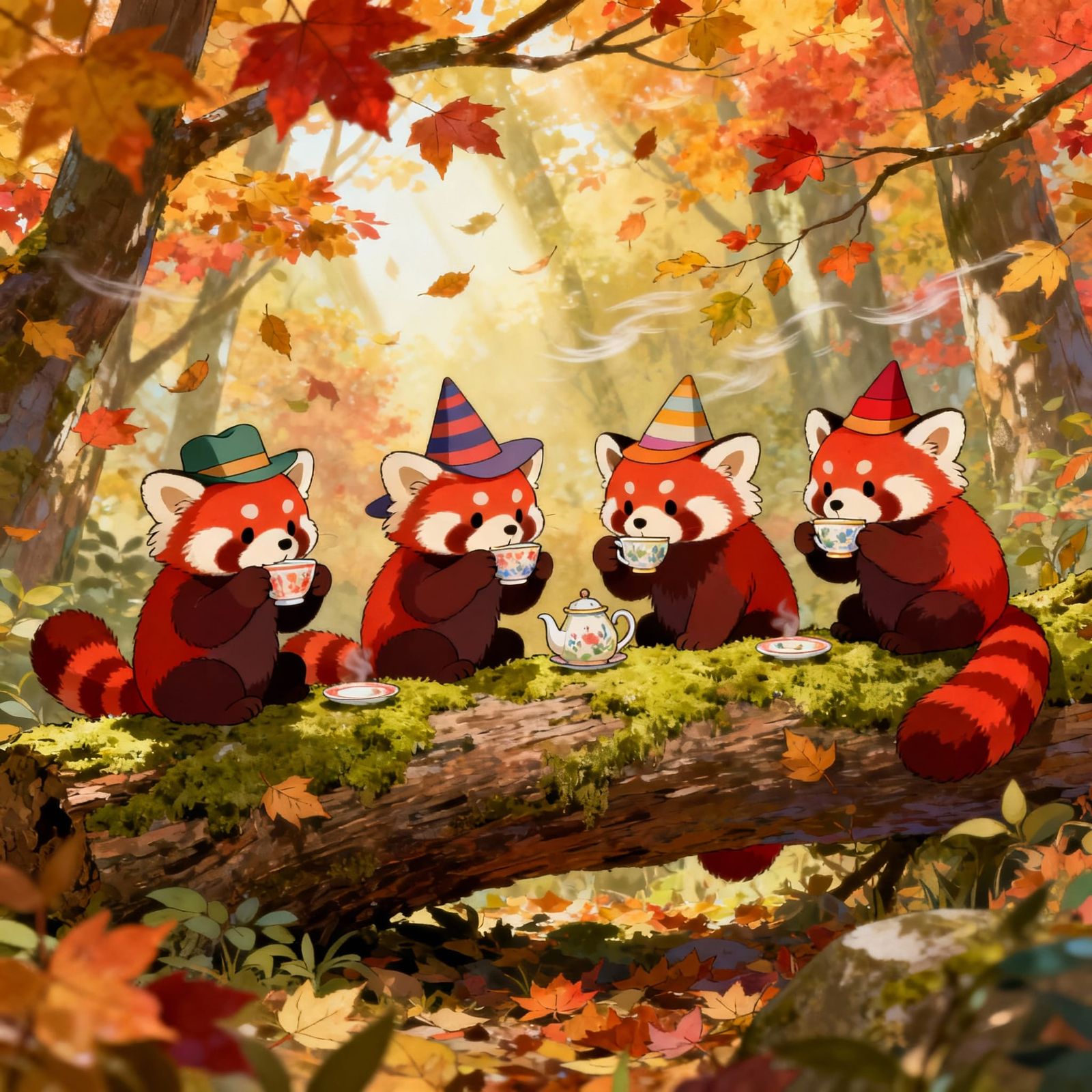 Red Pandas Tea Party in Autumn Forest Illustration