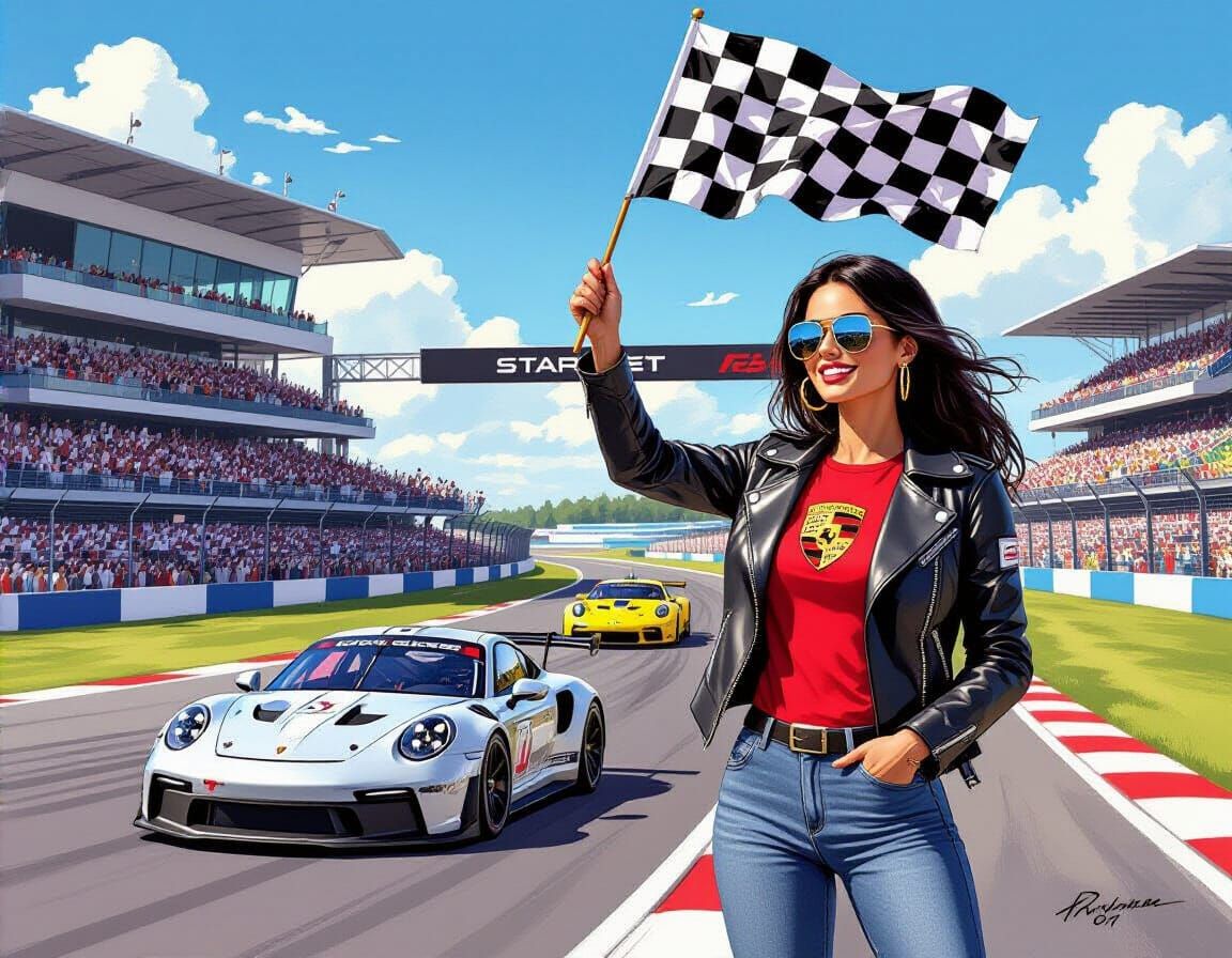 Raven-Haired Woman Waves Victory Flag at Porsche Race