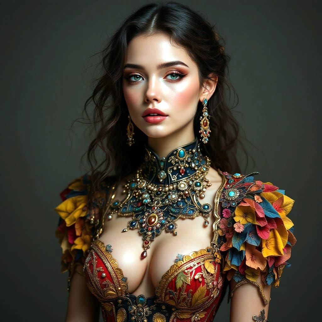 Gentle Woman in Futuristic Corset and Colorful Attire