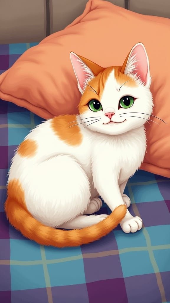 Whimsical Cat Illustration on Plaid Blanket