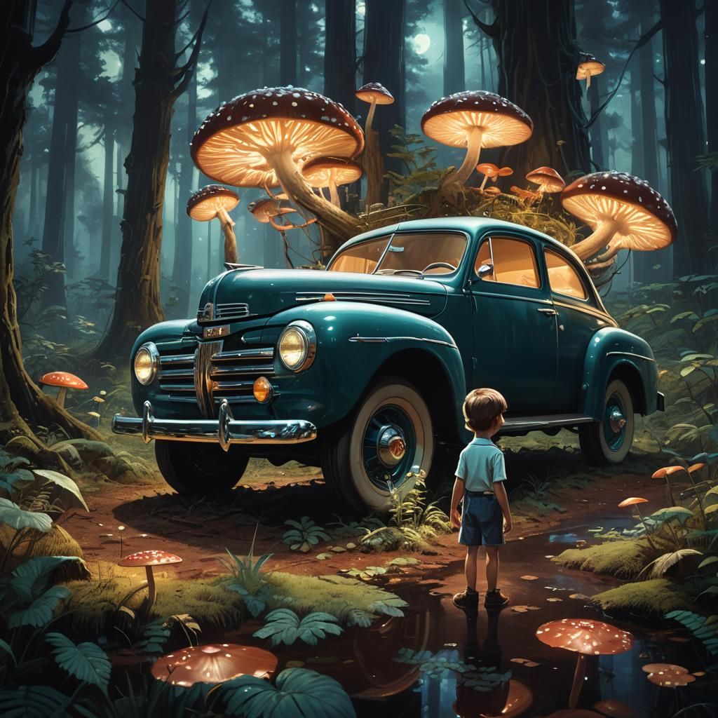 Child and Vintage Ford in Mystical Forest