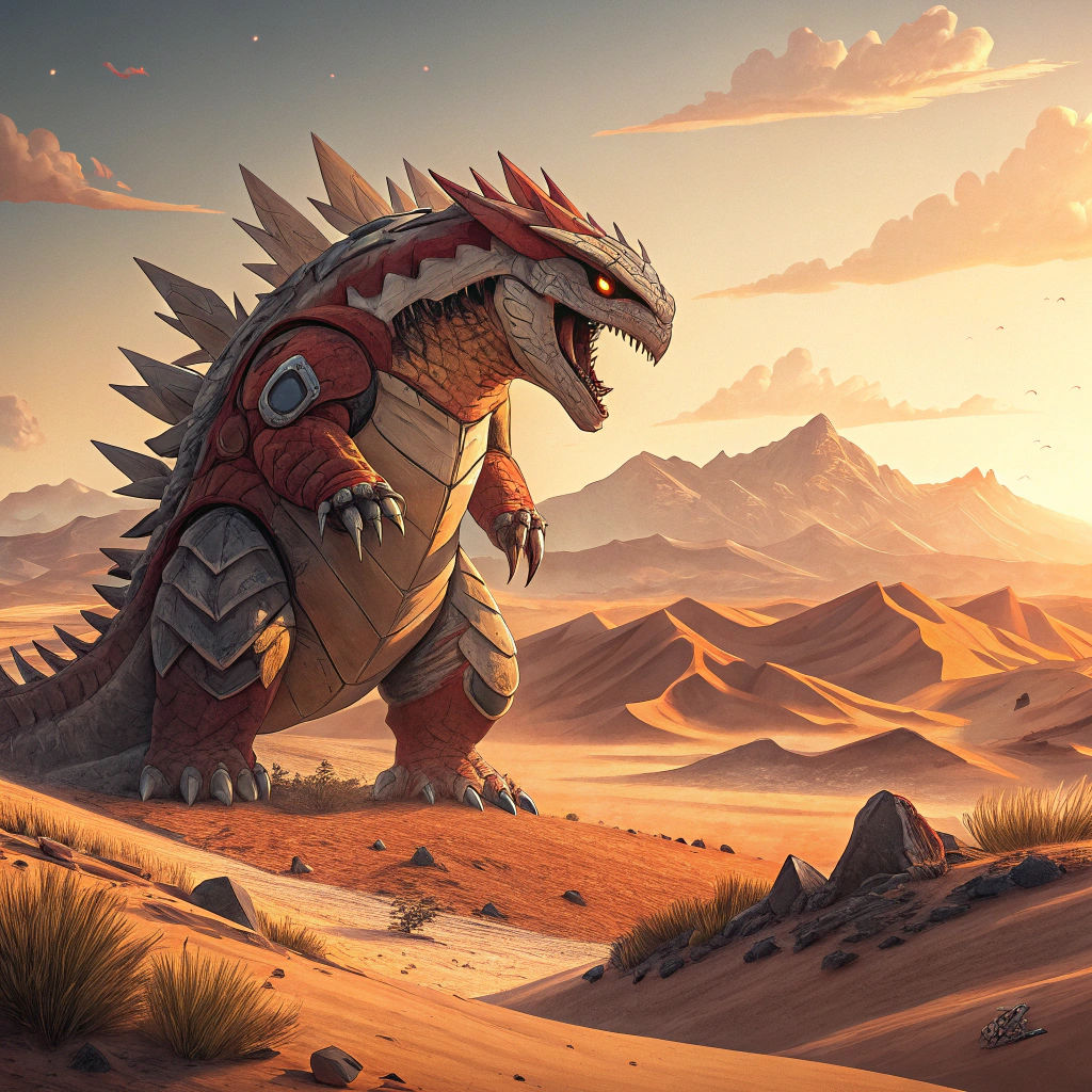 Groudon in Arid Desert Landscape, Biomechanical Illustration