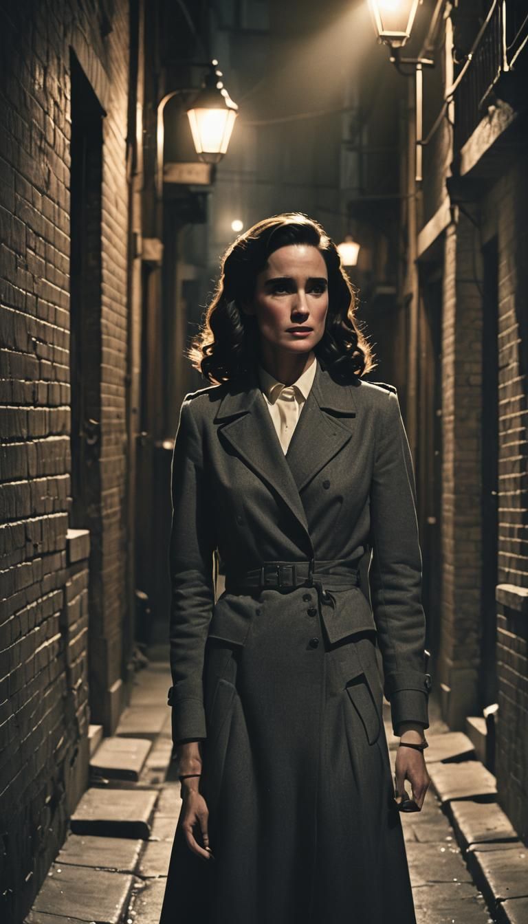 Jennifer Connelly in 1940s Alleyway: Cinematic Film Still