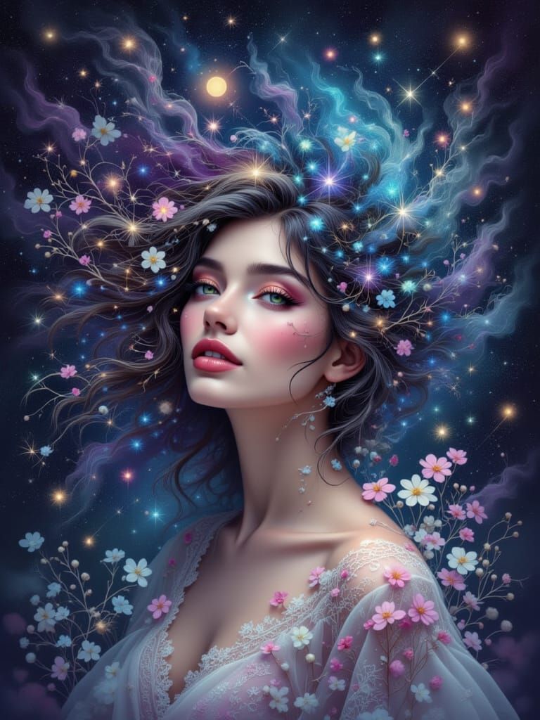 Surreal Woman with Galaxy Hair and Cosmic Flowers