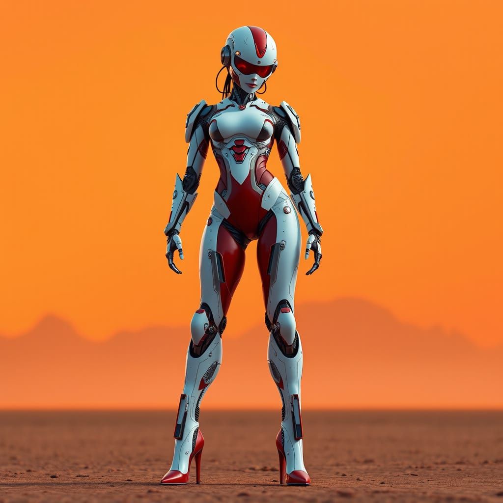 Futuristic Robot Girl in High Heels Standing on Vibrant Oran...