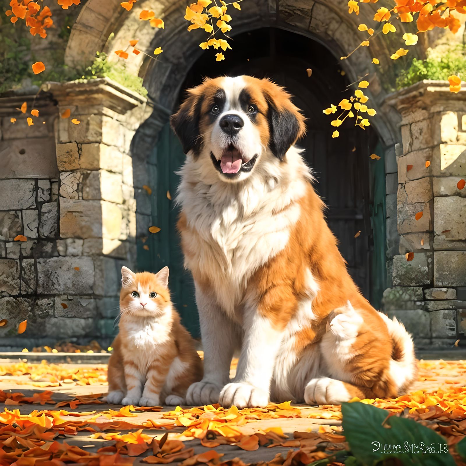Saint Bernard, Cats, and Kitten in Castle Ruins