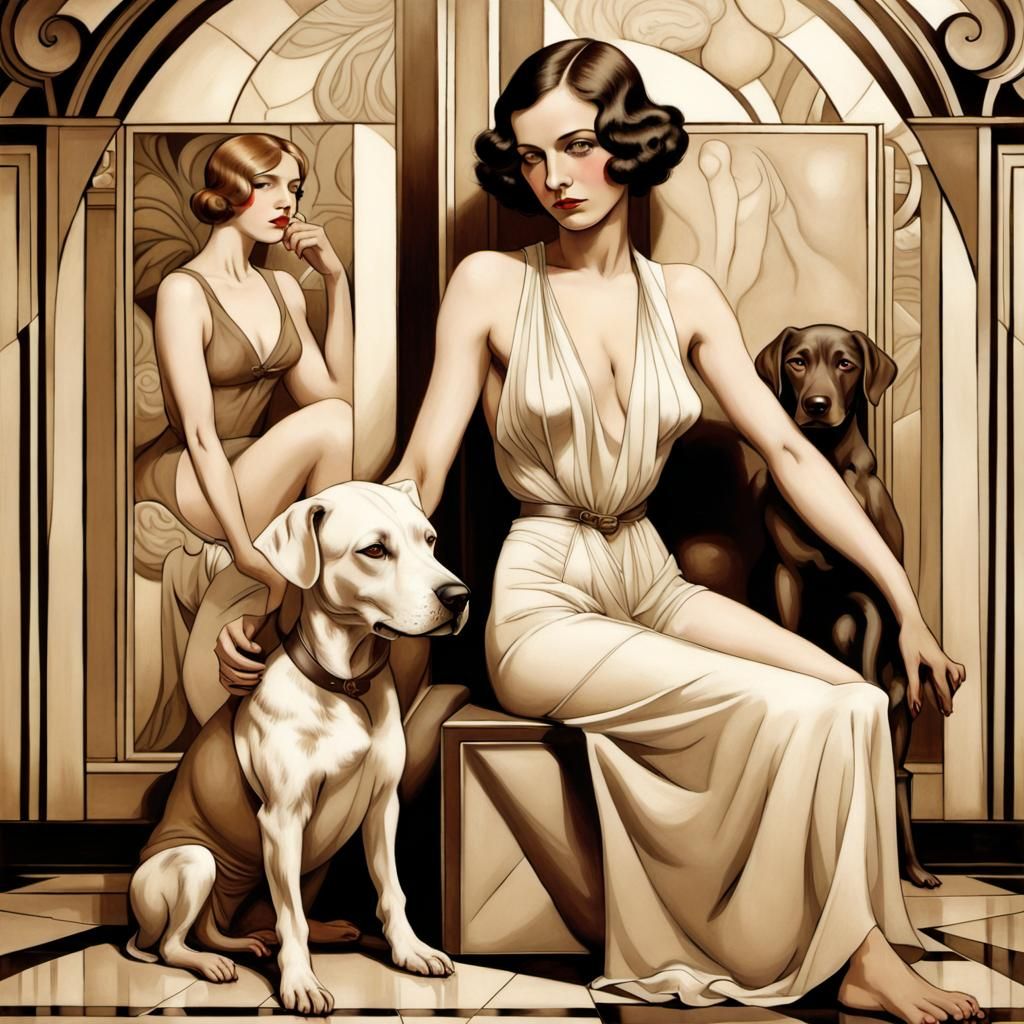 Beautiful woman with dog in art deco interior