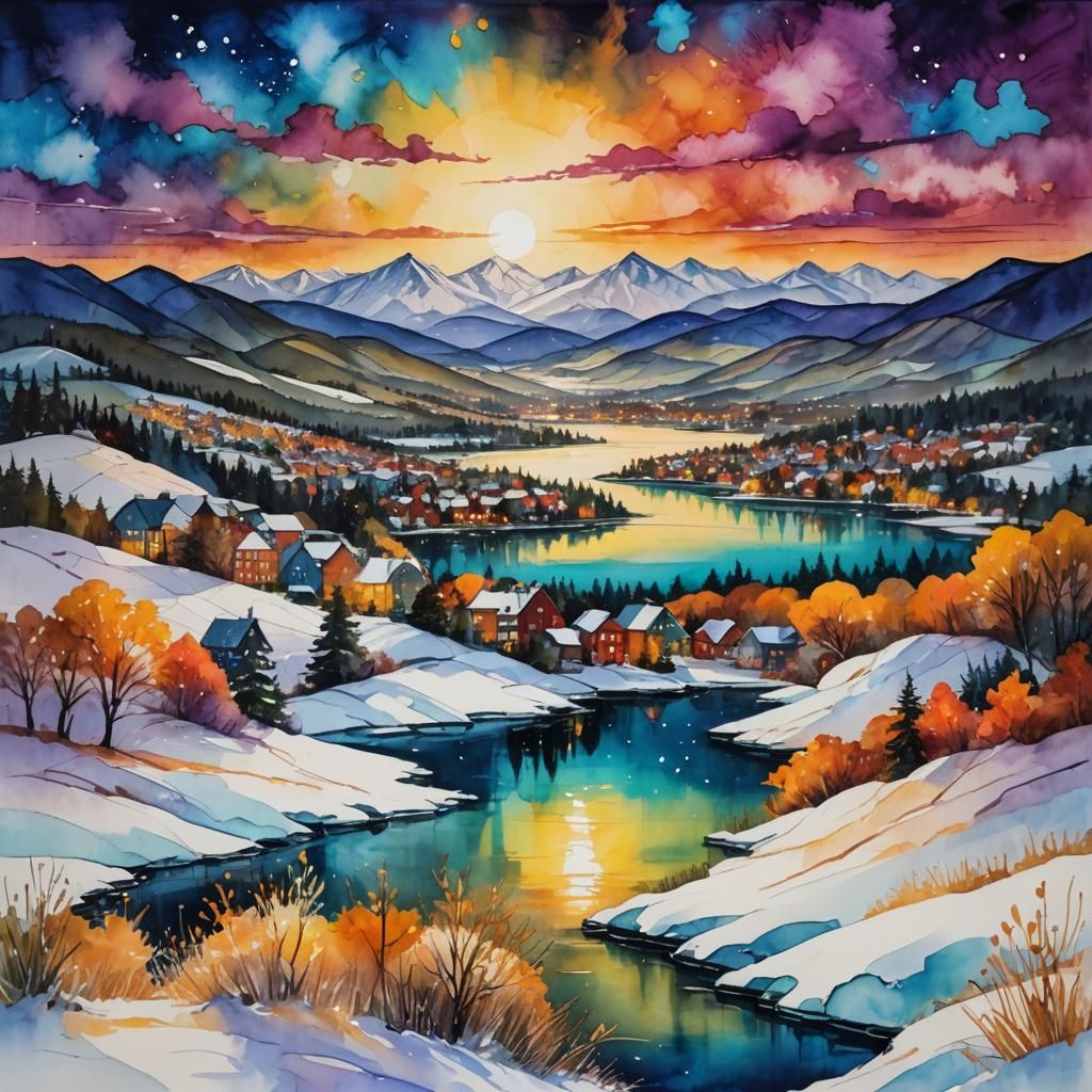Winter Landscape in Gouache and Watercolor Style