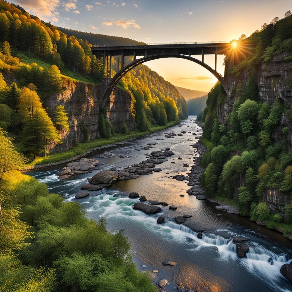 Sunset Over River Gorge With Bridge