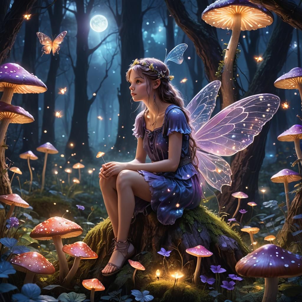 Fairy on Mushroom in Moonlit Forest