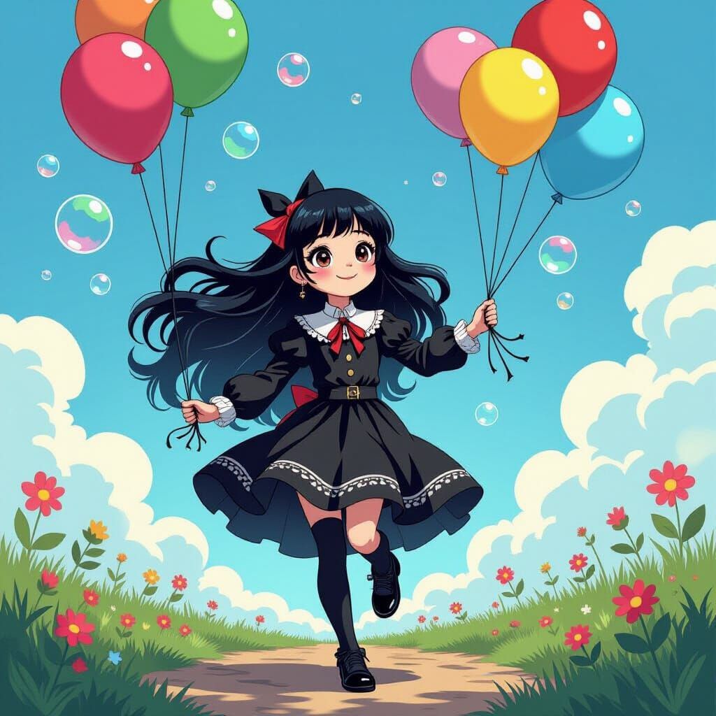 Goth Girl Joyfully Plays With Bubbles in Comic Book Style