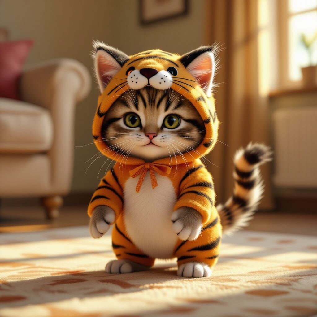 Adorable Kitten in Tiger Costume, Storybook Illustration Sty...
