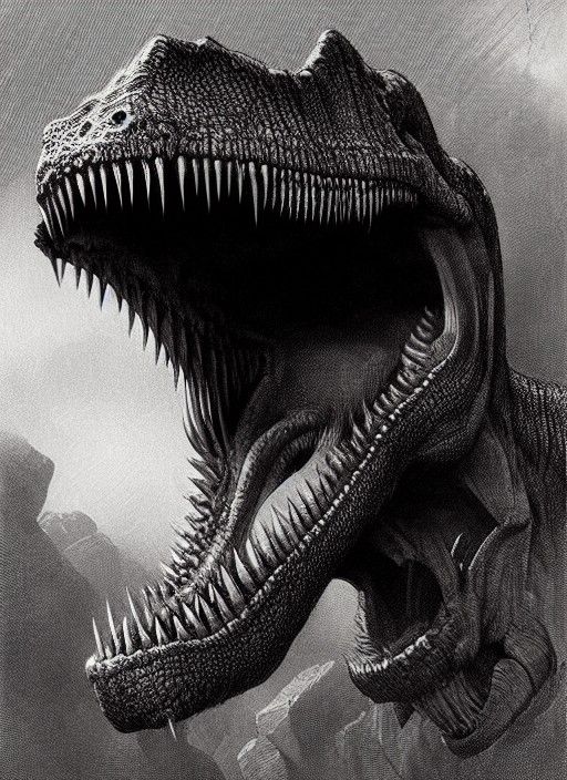 Horrific Dinosaur Teeth Gaping Maw in Doré Style