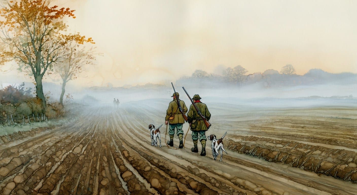 Hunters Amidst Foggy November Fields
