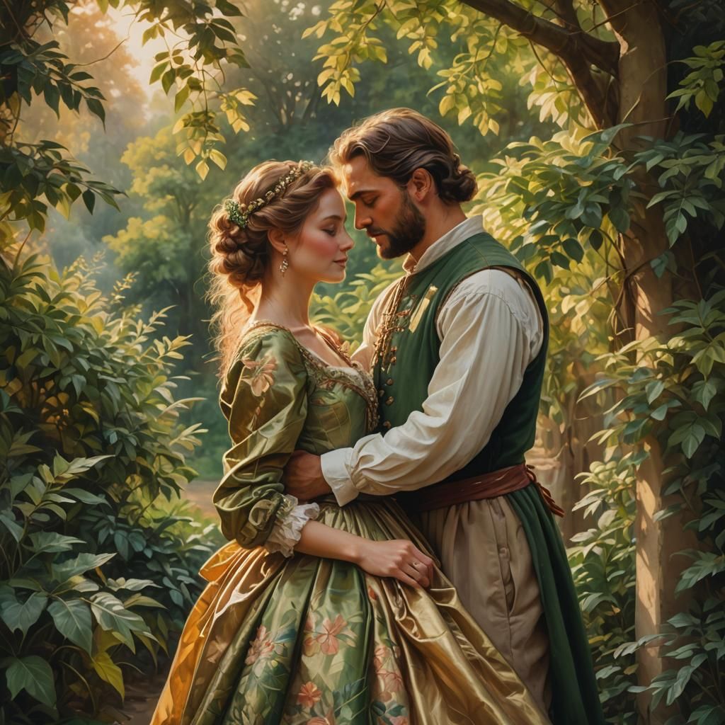 Romantic Realism: Queen and Peasant Embrace in Forest