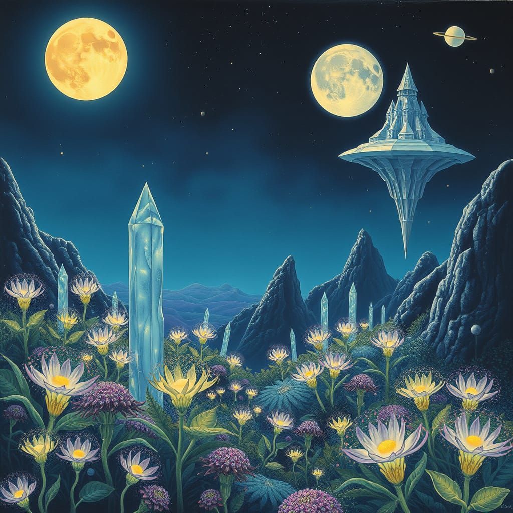 Ethereal Alien Oasis under Twin Moons