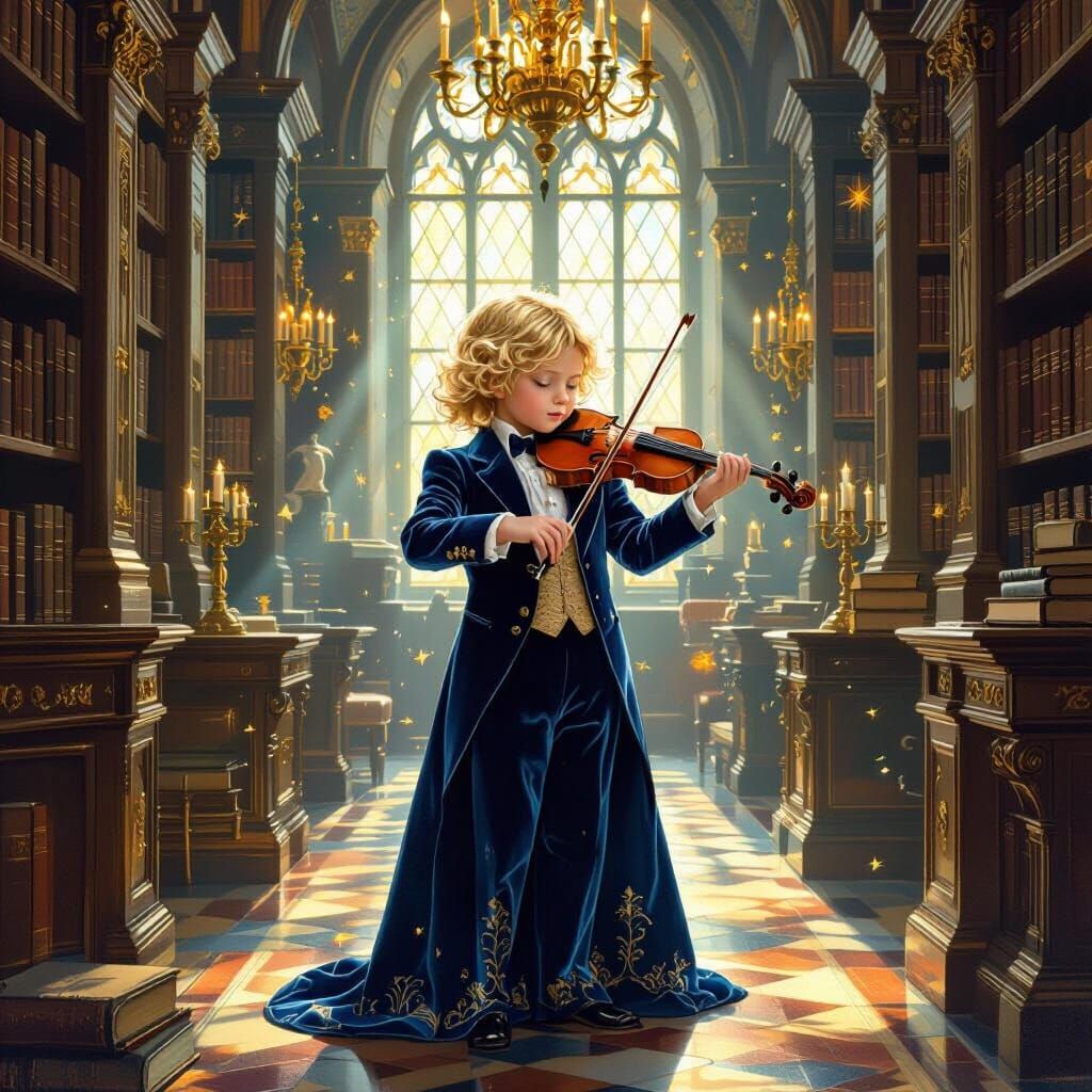 Child Violinist in Grand Library, Storybook Illustration