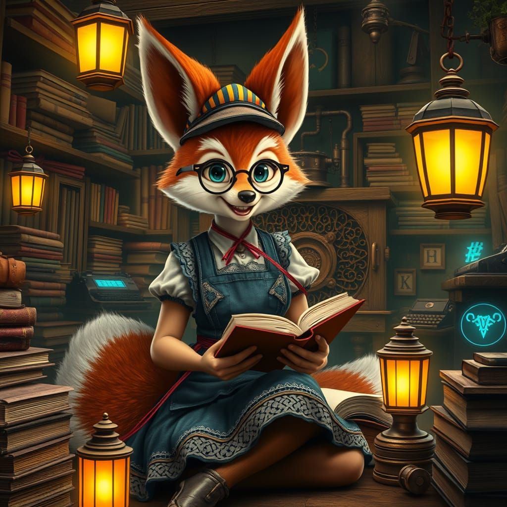 Cozy Kitsune Bookbinder in Whimsical Workshop