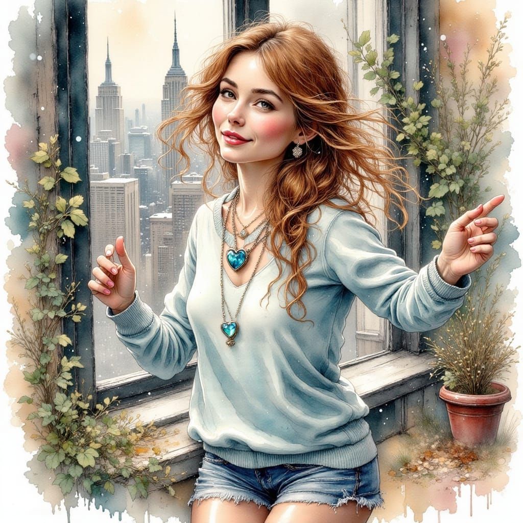 Woman Dancing in Cozy Manhattan Apartment with Snowfall