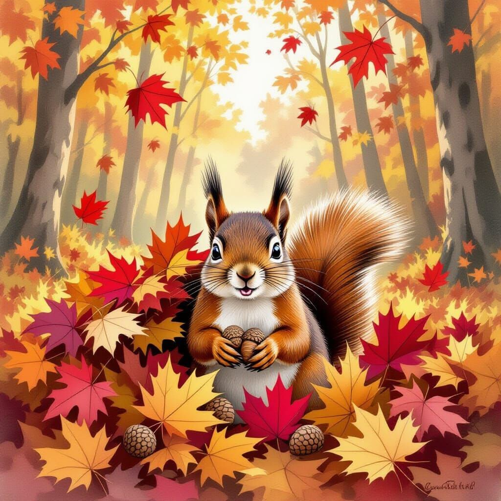 Curious Red Squirrel Peeking From Autumn Leaves